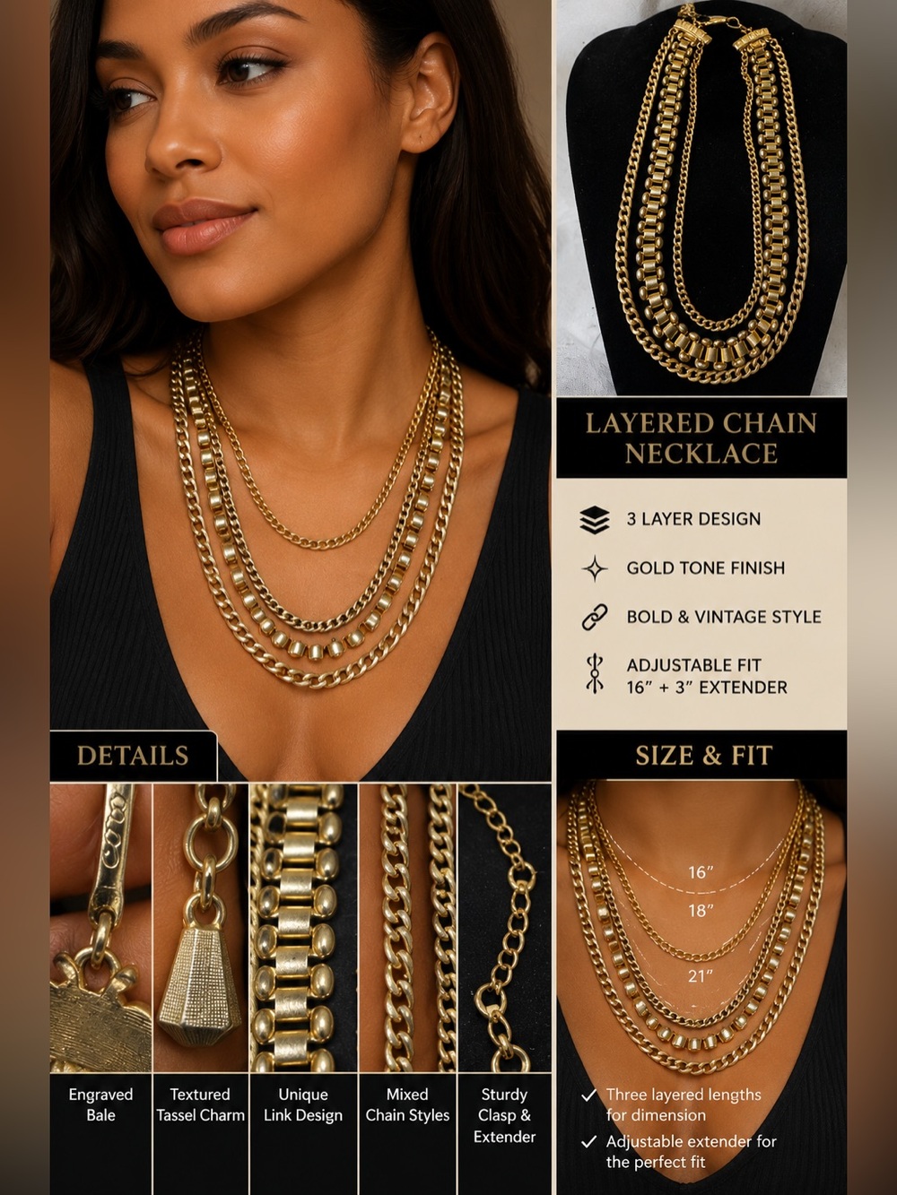 Vintage gold tone multi stand necklace by Coro with a hook clasp closure